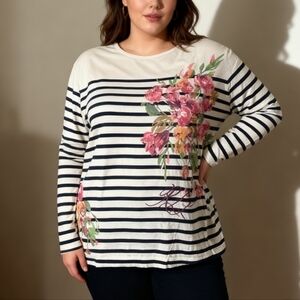Ralph Lauren Size 3X Cream Navy Striped Long-Sleeve Top with Pink Floral Print